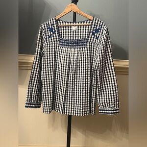 J. Crew black‎ and White Checkered Blouse blue square neck embroidery medium